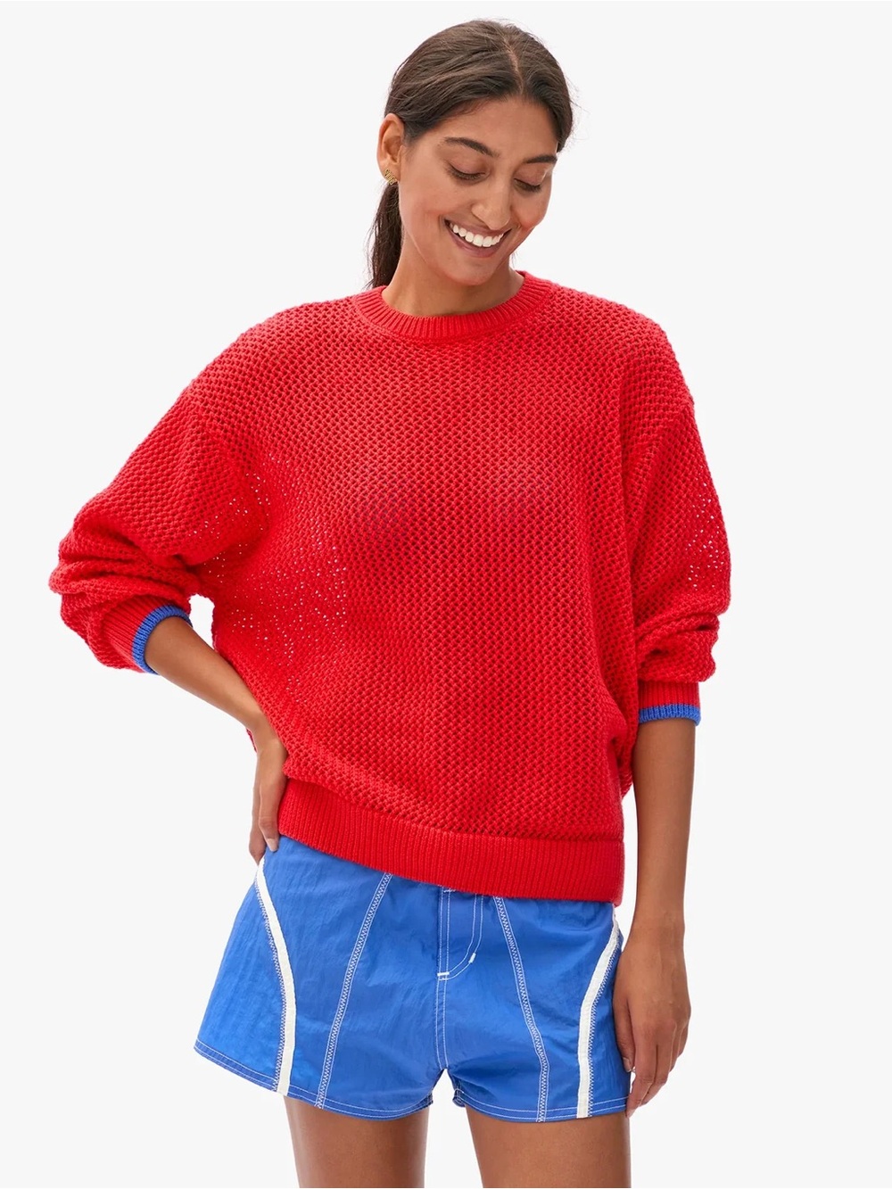 Open-Knit Red Crewneck Sweater with Contrast Trim